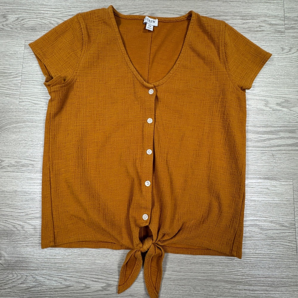 J.Crew Women's Top Button Down Front Tie Hem Burnt Orange Mustard XS Textured